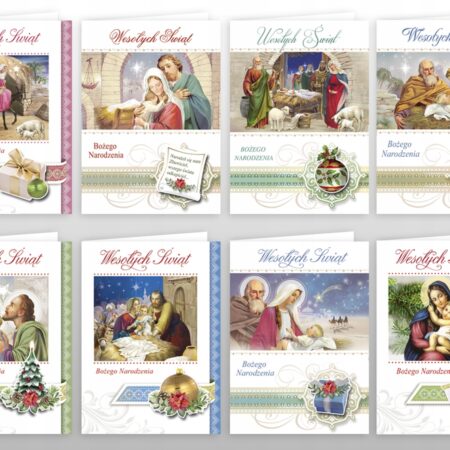 Mix ośmiu wzorów kartek religijnych na Boże Narodzenie z motywem świętej rodziny