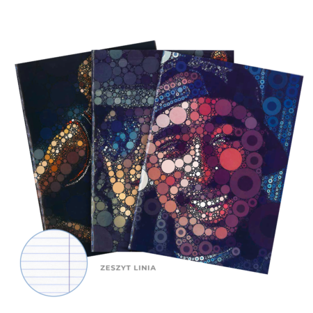 Na zdjęciu przedstawiony jest zestaw czterech okładek zeszytów w stylu artystycznym, przedstawiających znane postacie sportu i muzyki w formie grafik złożonych z kolorowych okręgów Tupac Shakur, Michael Jackson, Naomi Campbell, Michael Jordan.