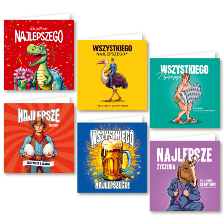 Kartki urodzinowe z kolorowymi tłami i zabawnymi ilustracjami.