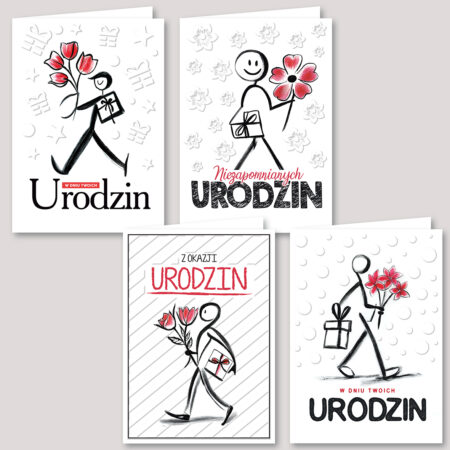 Kartki urodzinowe z ludzikami niosącymi kwiaty oraz napisem "W dniu twoich urodzin".