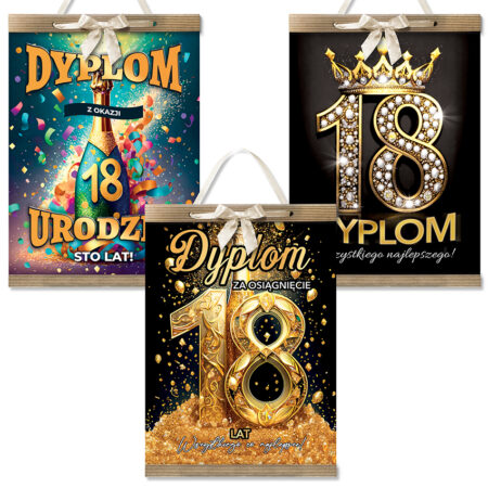 Mix trzech dyplomów na osiemnastkę w formacie A4 kolorowy z dużą cyfrą 18 złoconą na czarnym i niebieskim tle, zakończony tekturkami, przewiązany ozdobną wstążką, można powiesić na ścianie