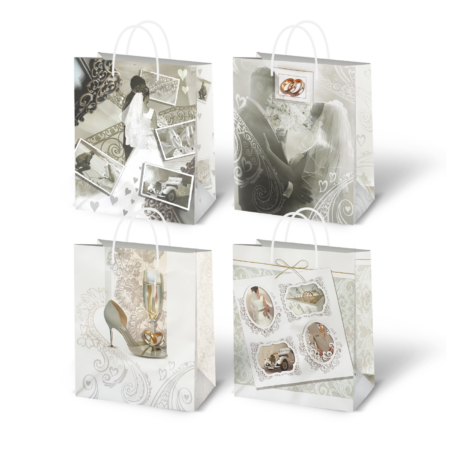 Torebki ozdobne ślubne białe w koronkę z różnymi wzorami.