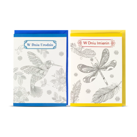 Kartka urodzinowa z niebieskimi akcentami i kopertą oraz imieninowa z żółtymi.