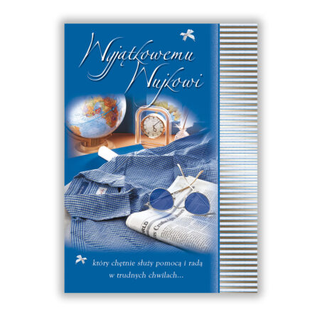 Karnet z napisem "Wyjątkowemu Wujkowi, który chętnie służy pomocą i radą w trudnych chwilach" w kolorze niebieskim z globusem, zegarem, koszulą, okularami i gazetą