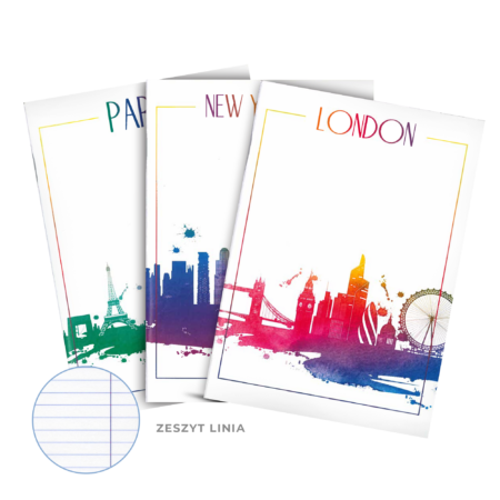 Zeszyty kolorowymi panoramami miast (Londyn, Nowy Jork, Paryż) na białym tle.
