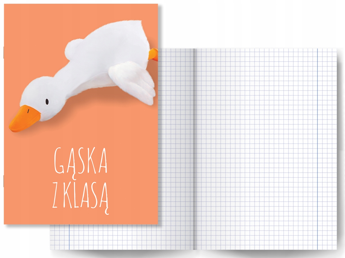 Zeszyt w kratkę z motywem Gęsi Pipa z napisem "Gąska z klasą" na pomarańczowym tle.