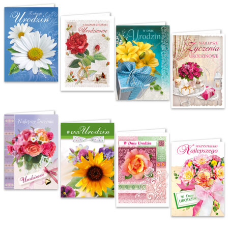 Kartki urodzinowe z motywami kwiatowymi.