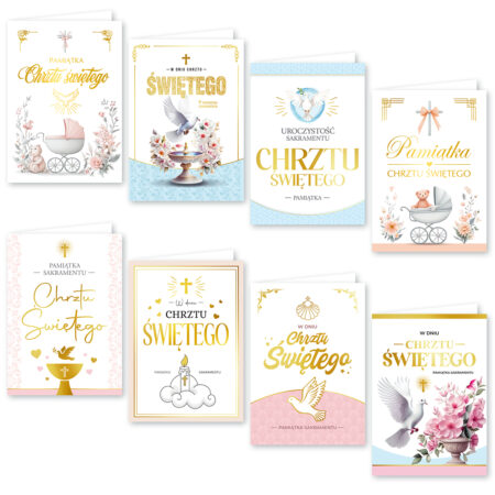 Kartki na okazję Chrztu Świętego w kolorze białym z elementami różu, niebieskiego i złota.