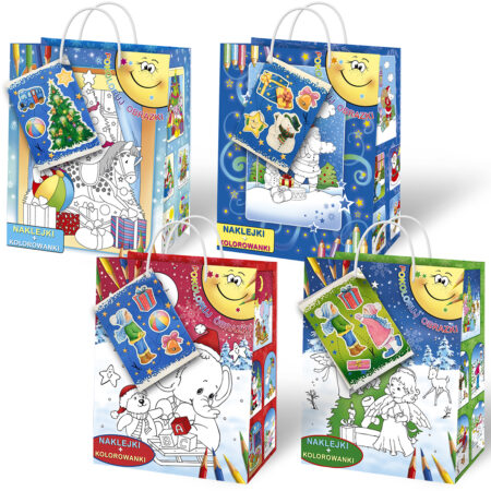 Torebki ozdobne świąteczne z naklejkami i kolorowanką.