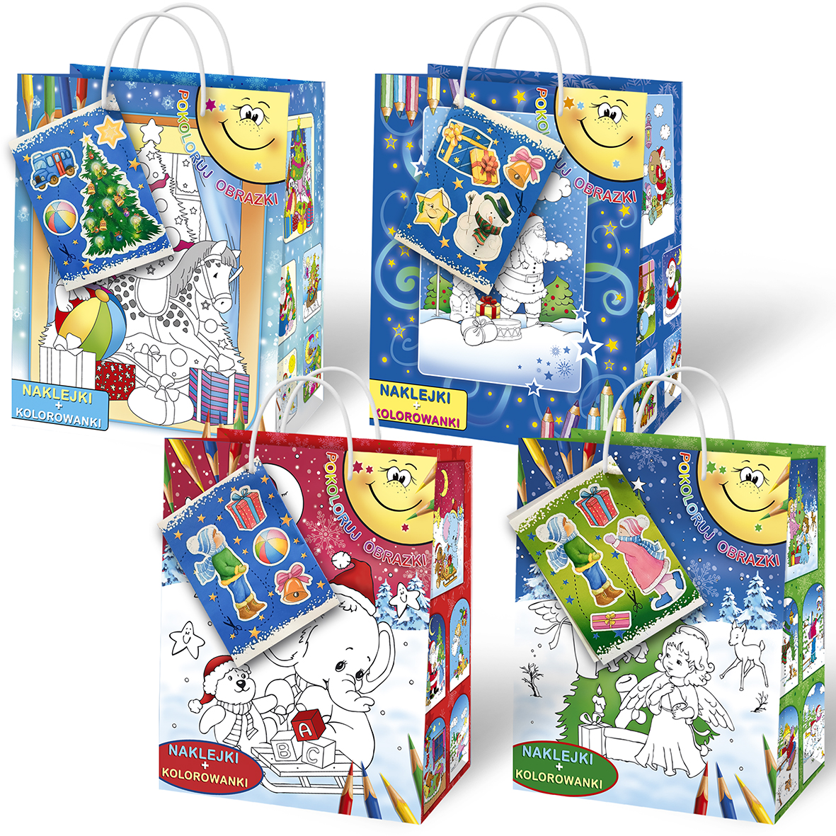 Torebki ozdobne świąteczne z naklejkami i kolorowanką.