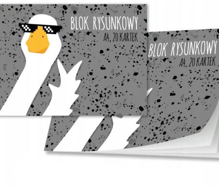 Blok rysunkowy z Gęsią Pipa w okularach na szarym tle w kropki.