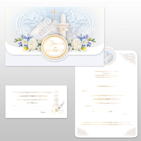 Zaproszenie na Chrzest Święty z niebieskimi elementami.
