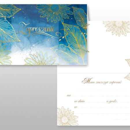 Niebieskie zaproszenie ze złotymi elementami.