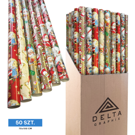 Papier prezentowy świąteczny mix ze Świętym Mikołajem, 50 sztuk, 70 x 100 cm.