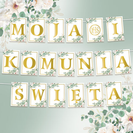 Girlanda komunijna w zestawie 15 zawieszek na białym tle z motywami kwiatów i złotym napisem MOJA I KOMUNIA ŚWIĘTA