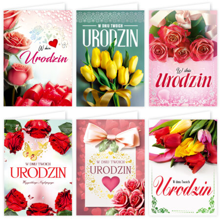 Kartki urodzinowe z motywami kwiatowymi.