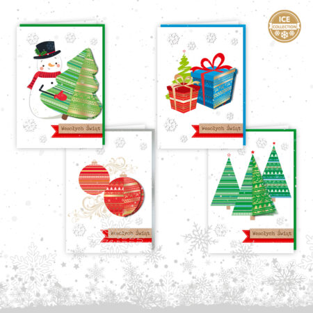 Kartki bożonarodzeniowe białe z kolorowymi ozdobami (bałwan, choinki, prezenty, bombki), napis "Wesołych Świąt".