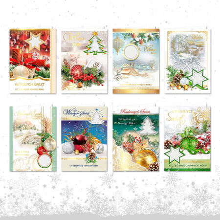 Kartki bożonarodzeniowe świeckie z różnymi motywami oraz napisem Wesołych Świąt.