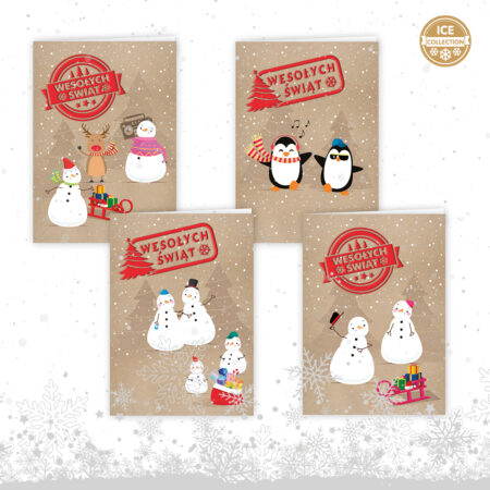 Kartki bożonarodzeniowe świeckie w kolorze brązowym z pingwinkami, bałwanami, reniferami oraz czerwonym napisem Wesołych Świąt.