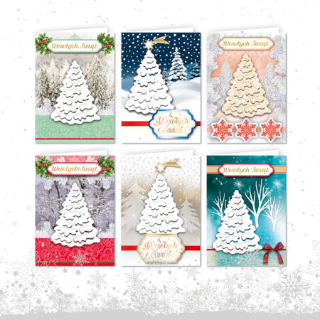 Kartki bożonarodzeniowe świeckie z różnymi motywami oraz napisem Wesołych Świąt.