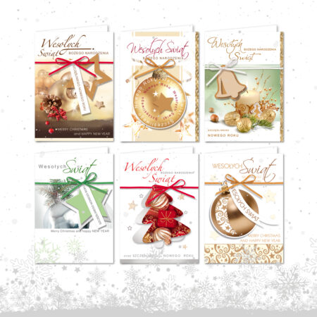 Kartki bożonarodzeniowe świeckie z różnymi motywami oraz napisem Wesołych Świąt.