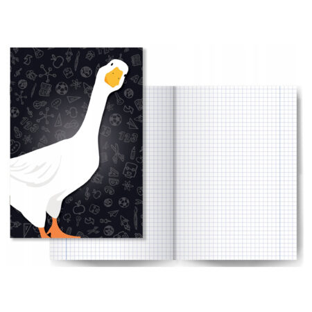 Zdjęcie przedstawia Zeszyt w kratkę Gęś Pipa na czarnym tle.