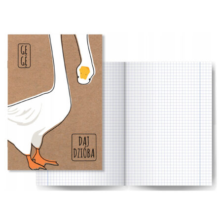 Zdjęcie przedstawia Zeszyt w kratkę A5 60 kartkowy Gęś Pipa DAJ DZIÓBA na jasno-brązowym tle.