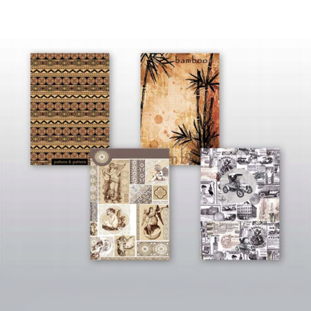 Zdjęcie przedstawia zeszyty szkolne A5 w stylu retro, z okładkami ozdobionymi motywami etnicznymi, bambusem, starymi rycinami i czarno-białymi grafikami w klimacie vintage.