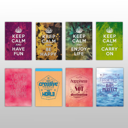 Zdjęcie przedstawia zestaw zeszytów szkolnych z kolorowymi okładkami. Hasła motywacyjne ‘KEEP CALM’ w różnych wariantach kolorystycznych, a także inne hasła w języku angielskim, m.in. "love all, trust a few, do wrong to none", "only creative people can change the world", "happiness is a journey not a destination", "practice makes perfect".
