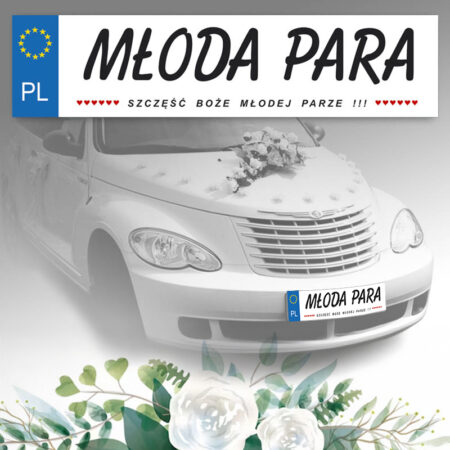 Zdjęcie przedstawia Tablica Ślubna samochodowa Młoda Para Szczęść Boże Młodej Parze !!!