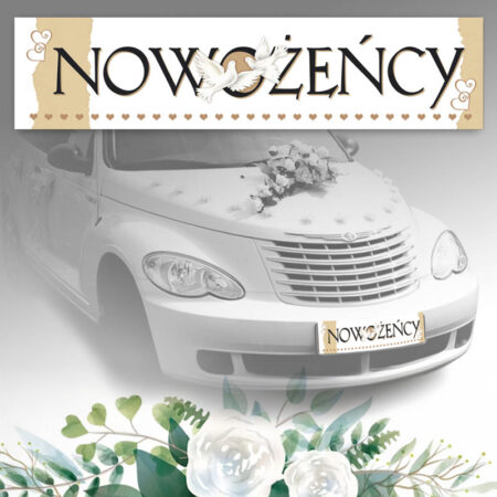 Zdjęcie przedstawia Tablica Ślubna samochodowa Nowożeńcy czarny napis na białym tle.
