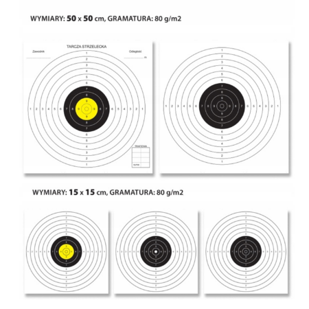 Zdjęcie przedstawia Tarcze Strzeleckie Papierowe Zestaw 15x15 50x50cm 350szt.