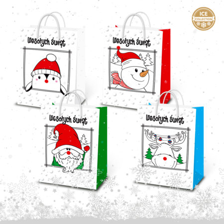 Torby ozdobne bożonarodzeniowe z motywem pingwinka, bałwana, świętego Mikołaja i renifera.