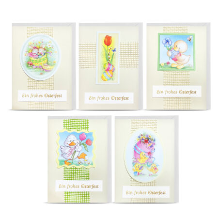 5 karnetów Wielkanocnych ozdobnych w języku niemieckim. Mix wzorów świątecznych, ozdobna siatka.