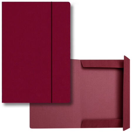 teczka na dokumenty z gumką w kolorze bordowym. po lewej stronie teczka złożona po prawej w pełni rozłożona