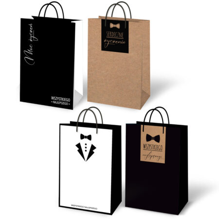4 torebki prezentowe wzór męski, w kolorze biało czarnym oraz czarno kraftowe z napisami wszystkiego najlepszego