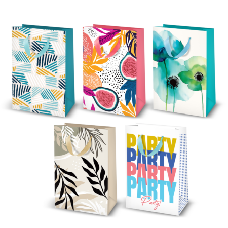 zestaw 5 torebek prezentowych, w różnych kolorowych motywach, kwiatowe oraz z napisami party