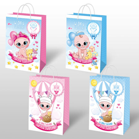 przedstawione 4 torebki prezentowe, z napisami w dniu twojego chrztu świętego. dwie wersje różowe oraz dwie niebieskie