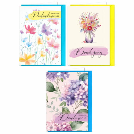 3 wzory karnetów podziękowania, wzory kwiatowe