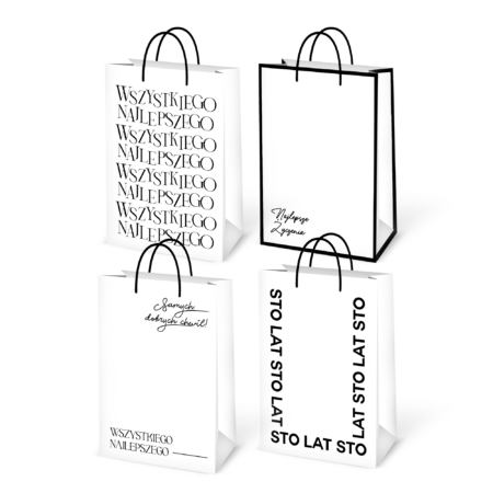 zestaw 4 torebek prezentowych białych z napisami, wszystkiego najlepszego - sto lat - najlepsze życzenia