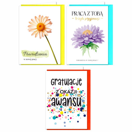 3 wzory karnetów, 2 u góry powodzenia w nowej pracy na dole karnet gratulacje z okazji awansu