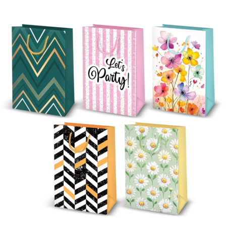 zestaw 5 torebek prezentowych, z motywami kwiatowymi oraz paskami. jedna torebka z napisami lets party