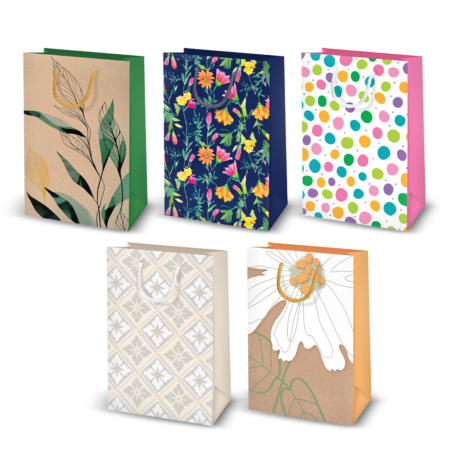 zestaw 5 torebek prezentowych, mix wzorów, motywy kwiatowe oraz kółka