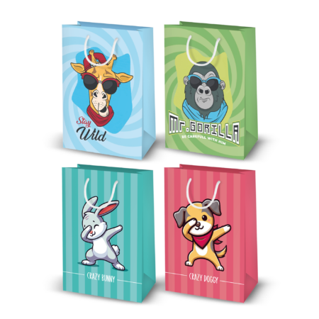 4 wzory torebek prezentowych dla dzieci, wzory: żyrafa, goryl, królik, pies