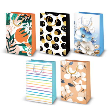 przedstawione 5 wzorów torebek ozdobnych, w różnych wzorach: kwiatowe/paski/kółka