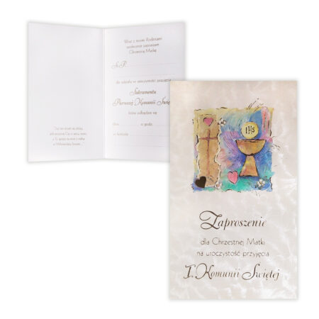 Zdjęcie przedstawia zaproszenie dla Chrzestnej Matki na Pierwszą Komunię Świętą.