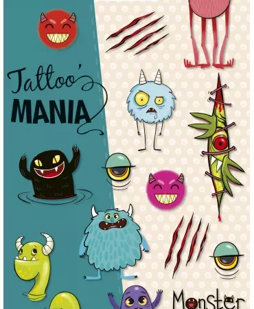 Zdjęcie przedstawia Tatuaże Zmywalne - 1 arkusz z 10 sztukami - Potworki