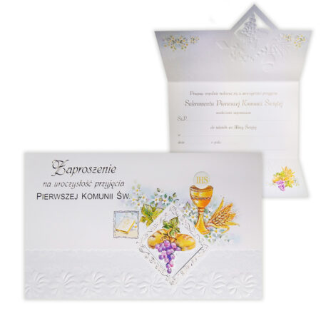 Zdjęcie przedstawia zaproszenie na uroczystość Pierwszej Komunii Świętej w formie listu.