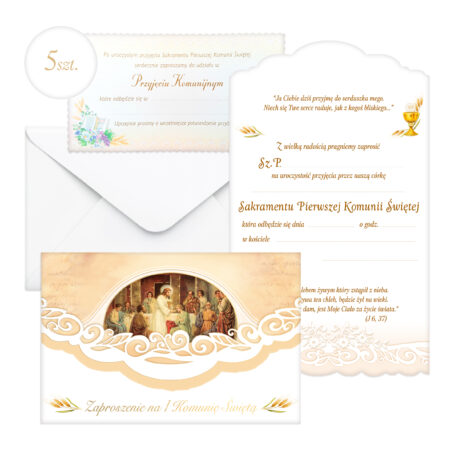 Zdjęcie przedstawia: Zaproszenie na Komunię Zestaw 5 sztuk + koperty