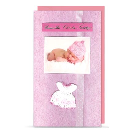 Zdjęcie przedstawia kartkę-pamiątkę Chrztu Świętego w kolorze różowym.